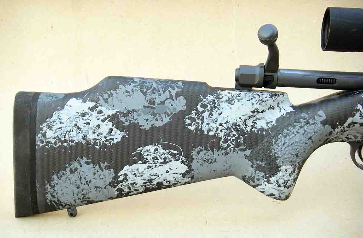 A popular stock design among long-range hunters is the Manners MCS-T Elite Tac Carbon Fiber stock as shown on a Nosler Model 48 Long Range Carbon rifle. Note the high comb and flat area just forward of the comb that allows the bolt to cycle.